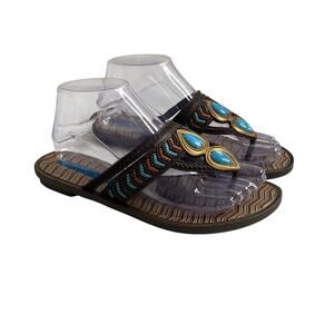 Grendha Women's 8 Brazilian Thong Sandals Brown Blue Tribal Print Ivete Sangalo